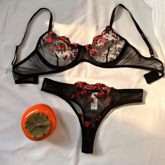 Lingerie Conjunto - Bordado Transparente Florido SEXY.